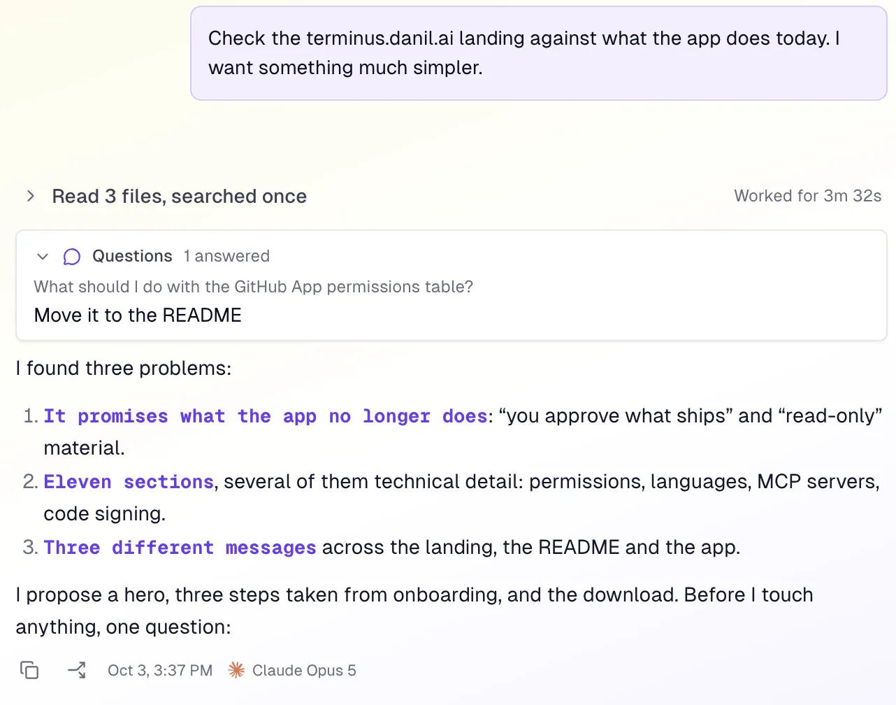 An agent turn with an answered question and its findings.