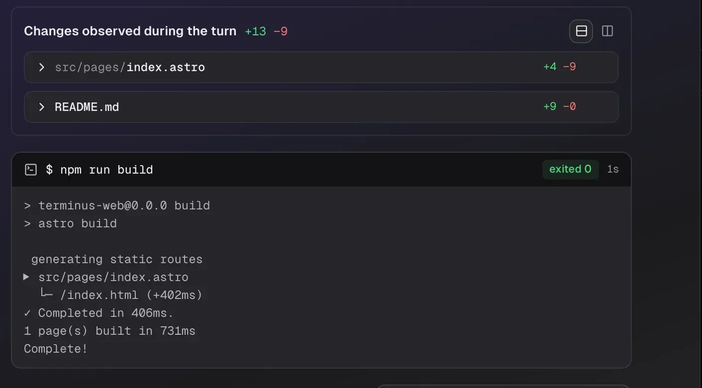 Changes observed during the turn and the output of npm run build.