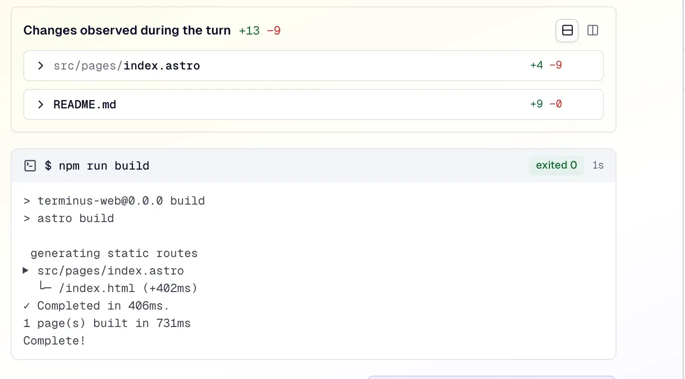 Changes observed during the turn and the output of npm run build.