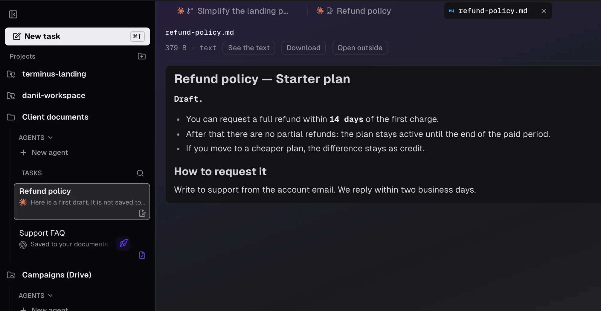 A refund policy drafted by Claude Code in a documents folder, not yet saved.