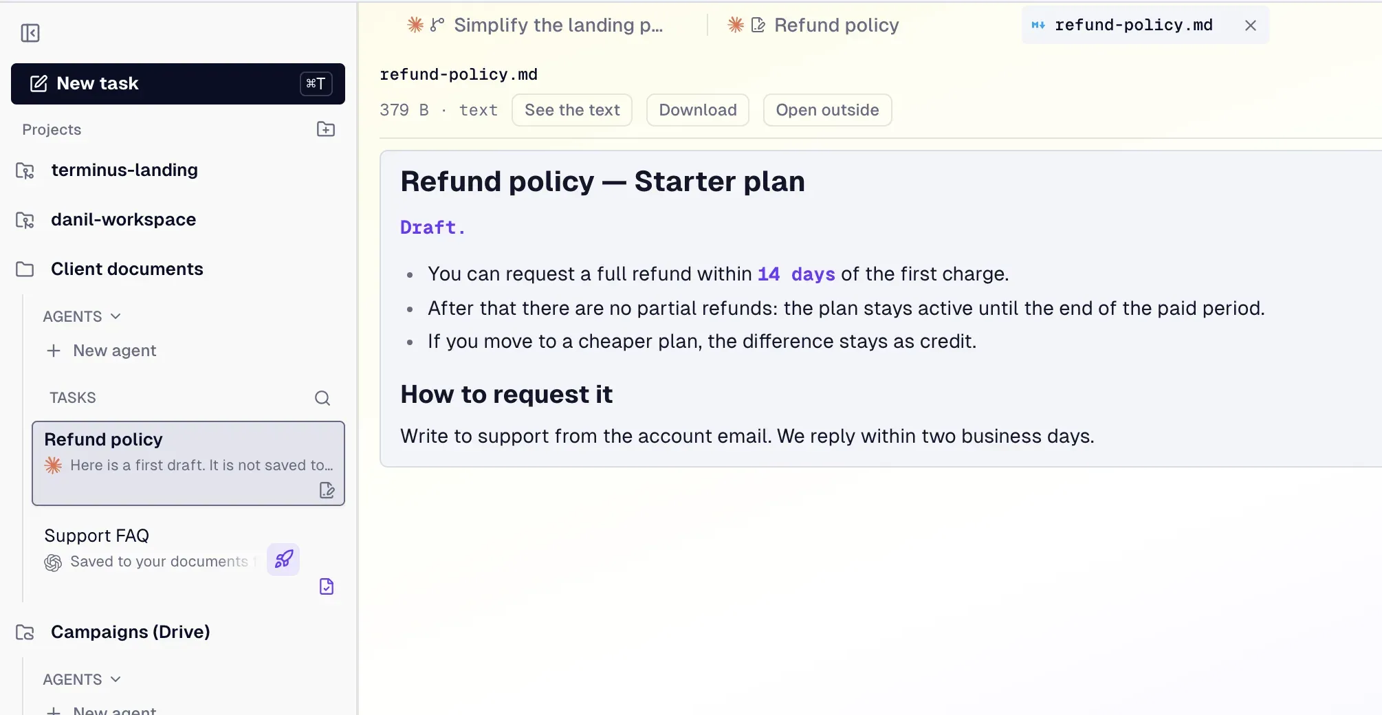 A refund policy drafted by Claude Code in a documents folder, not yet saved.