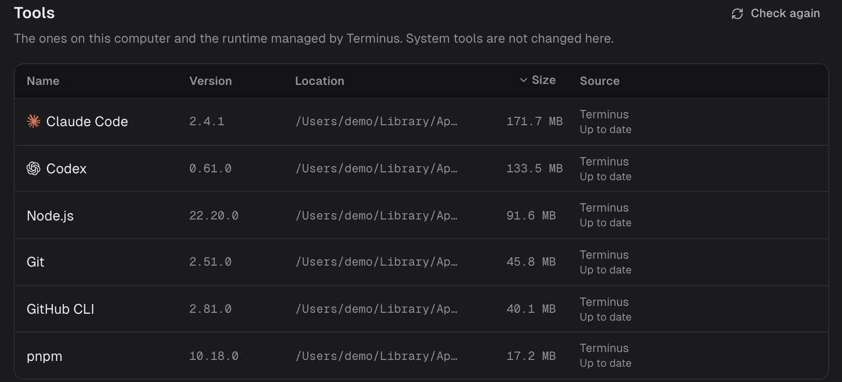 Environment status: Claude Code, Codex, Node.js, Git, GitHub CLI and pnpm, managed by Terminus and up to date.