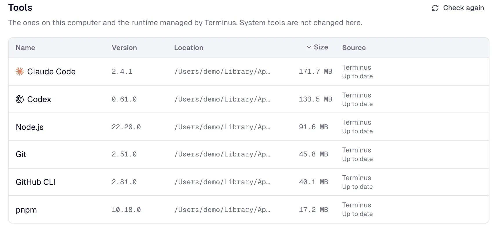 Environment status: Claude Code, Codex, Node.js, Git, GitHub CLI and pnpm, managed by Terminus and up to date.