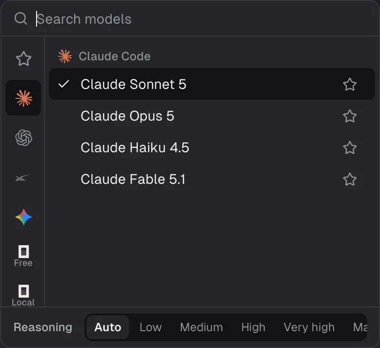 The model picker: Claude Code, Codex, Grok, Gemini, OpenCode Free and local models, with reasoning levels.