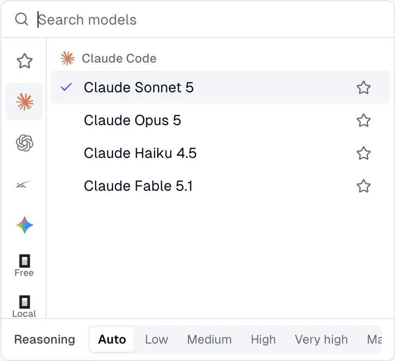 The model picker: Claude Code, Codex, Grok, Gemini, OpenCode Free and local models, with reasoning levels.