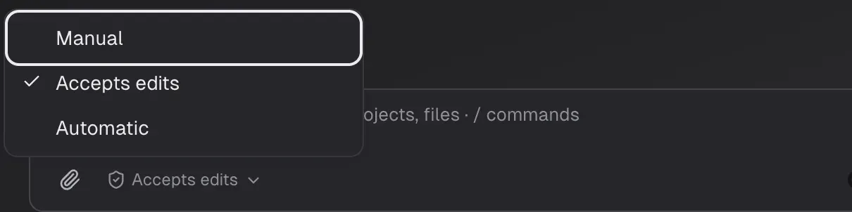Permission modes: Manual, Accepts edits, Automatic.