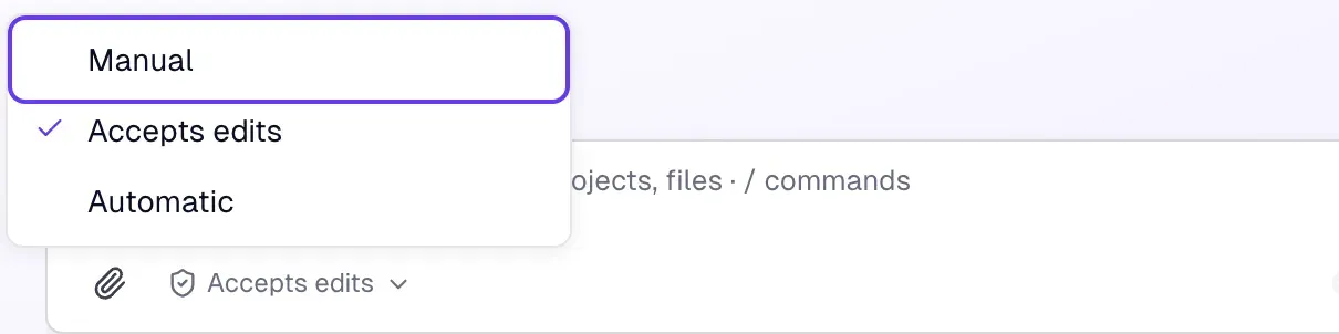 Permission modes: Manual, Accepts edits, Automatic.