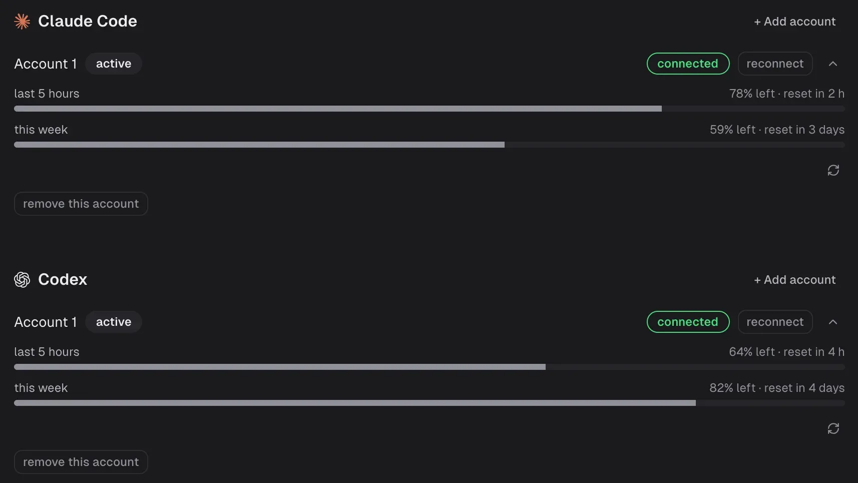 AI providers: Claude Code and Codex accounts connected, with usage left for the last 5 hours and this week.