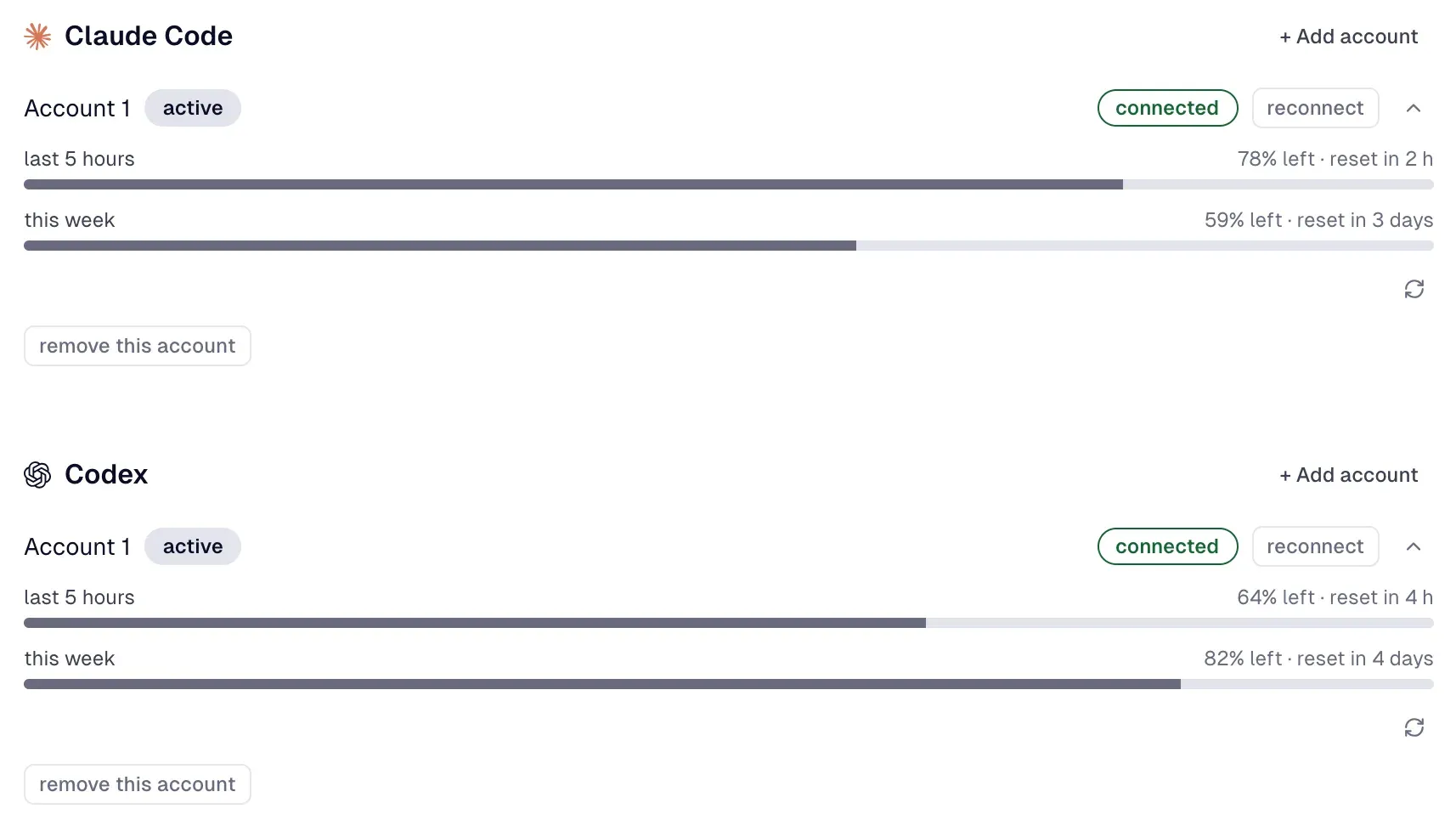 AI providers: Claude Code and Codex accounts connected, with usage left for the last 5 hours and this week.